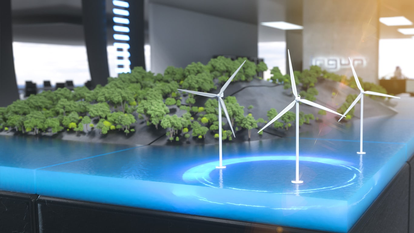 3D Umwelt-Landschaft mit Wald, Wasser und Windrädern auf Bürotisch
